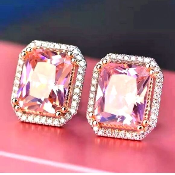 Women's Pink Sapphire Stud Earrings Surrounded by White Topaz 925 Silver - Picture 1 of 5